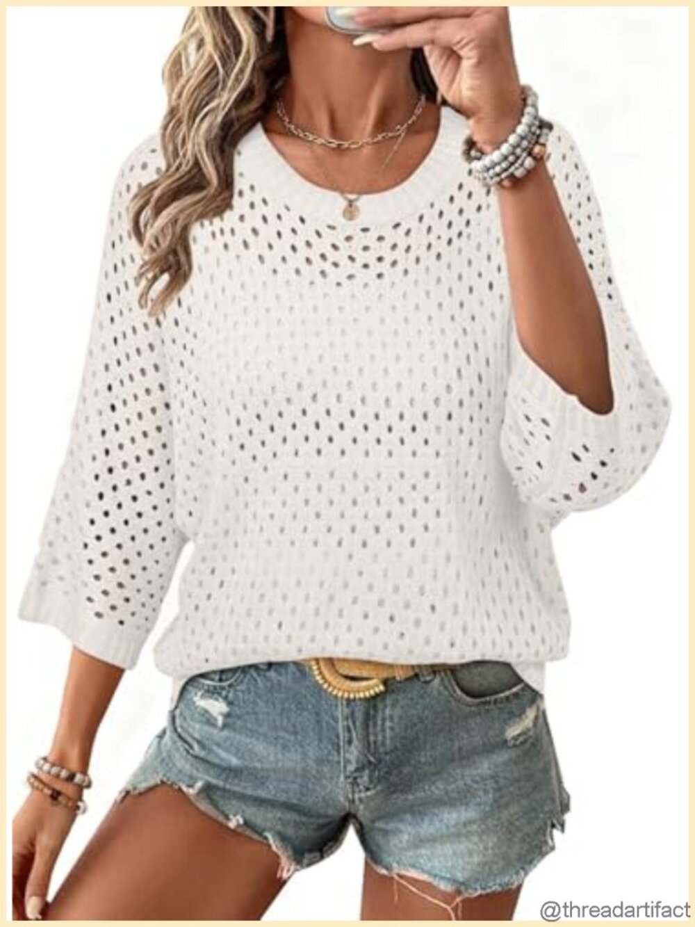 Womens 100% Acrylic Crochet Sweater 3/4 Sleeve Crew Neck Pullover Top